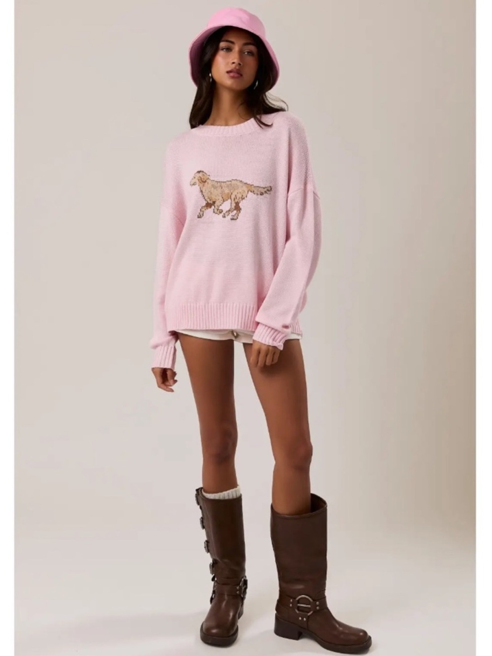 Pink Crewneck Dog Intarsia Sweater - Women Small NEW - Picture 2 of 7